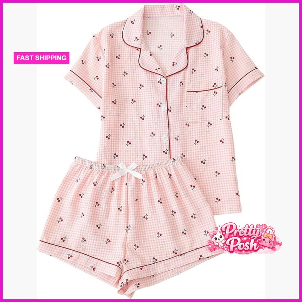 Polyester Blend Two Piece Pajama Set Button Down … - image 1